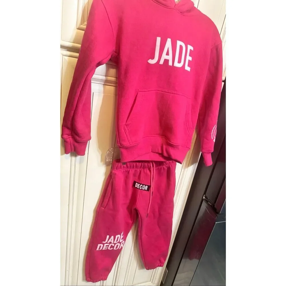 The Jade Collection Girl's 2 Piece Hoodie & Jogger Sweatsuit Set Pink Size 6